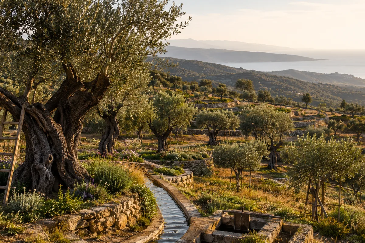 A terraced olive and mixed orchard above the sea, representing stewardship, cultivation, legacy, and the built landscape of CWADM.