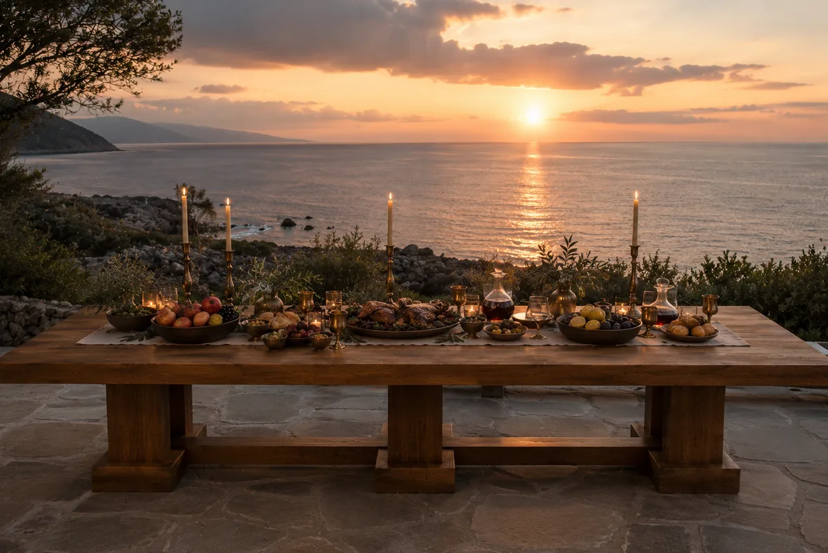 Al fresco private residence table setting overlooking the sea, a smaller echo of the Great Table at Horizon Hall.