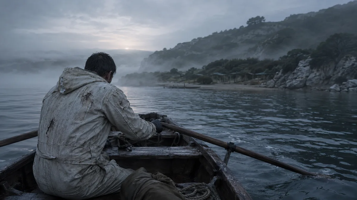 A small boat approaching the private shore below the Hall, signaling the road of secrets, leverage, and unseen pressure.